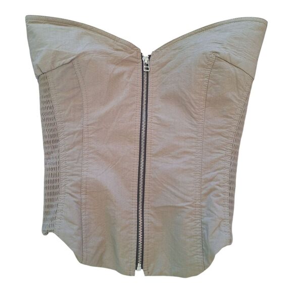 ZARA TOPSTITCHED BUSTIER Zip Front Khaki Cotton Blend Women's S Taupe Corset - Picture 5 of 15